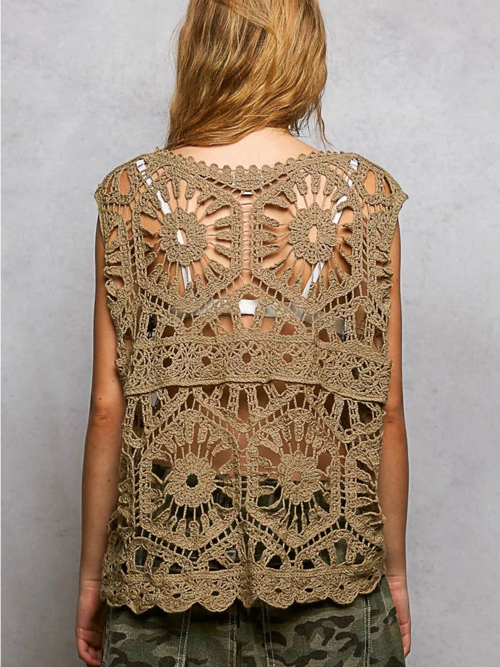 POL Openwork Round Neck Floral Crochet Tank